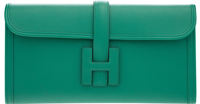 Hermès 29cm Vert Vertigo Evergrain Leather Jige Elan Clutch